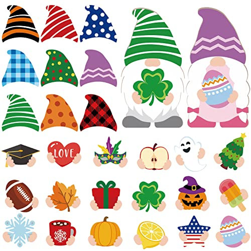 Yalikop 30 Piece Holiday Interchangeable Wooden Gnome Decor Set with Magnet Swappable Detachable Hats & Welcome Signs for Home