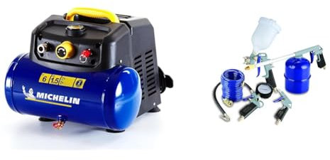 MICHELIN - Compresor de aire portátil MBL6 - Tanque de 6 litros - Sin aceite - Motor de 1,5 hp & CAKITMICHELIN - Kit de aire profesional 5 pzs.negro