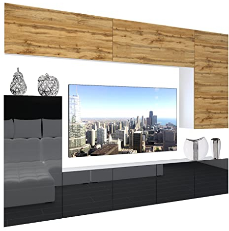 BELINI Wohnwand Vollausstattung Wohnzimmer-Set Moderne Schrankwand mit LED-Beleuchtung Anbauwand TV-Schrank Wotan Eiche/Schwarz