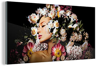 MuchoWow Glasbild Glasfoto Wandbild Bilder Deko 160x80 cm Frauen - Blumen - Rosen - Porträt