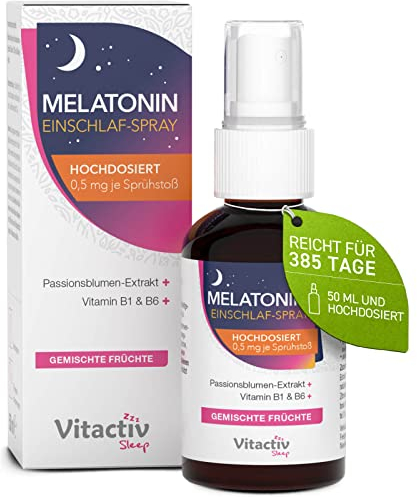 VITACTIV Melatonin Spray Hochdosiert 50ml – 0,5 mg Melatonin pro Tagesdosis - 385 Tage Vorrat, Zuckerfrei & Vegan - plus Passionsblumen Extrakt, Vitamine B1 und B6 - Sofort-Spray Gemischte Früchte