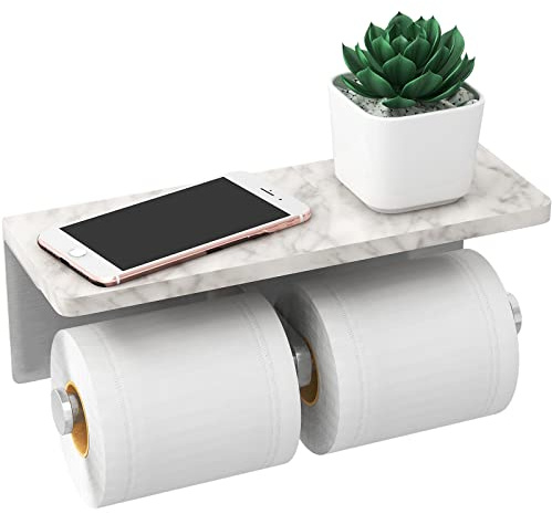 Porte-papier toilette double en nickel brossé avec étagère et rangement, design moderne pour salle de bain