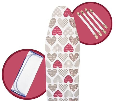 BB sky Ironing Board Cover Double Layer Heat Reflective Backing With Iron Cloth and Elastic Clips For Easy Ironing Set (Red Hearts)