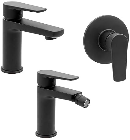 Set miscelatori lavabo bidet e doccia incasso nero opaco in ottone, piletta di scarico e corpo incasso inclusi, serie ERIKA