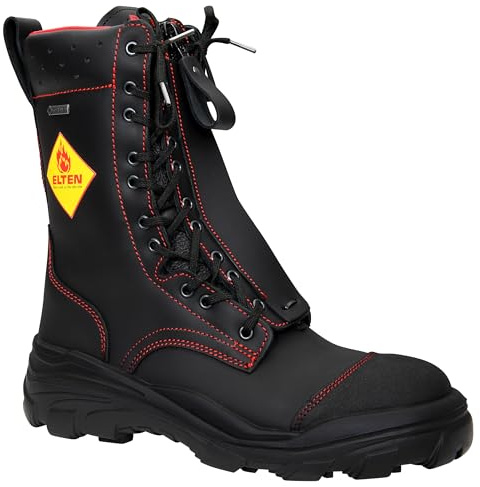 ELTEN Feuerwehrstiefel Euro Proof GTX F2A, Damen und Herren, Leder, Stahlkappe, robust 45, Schwarz|Rot