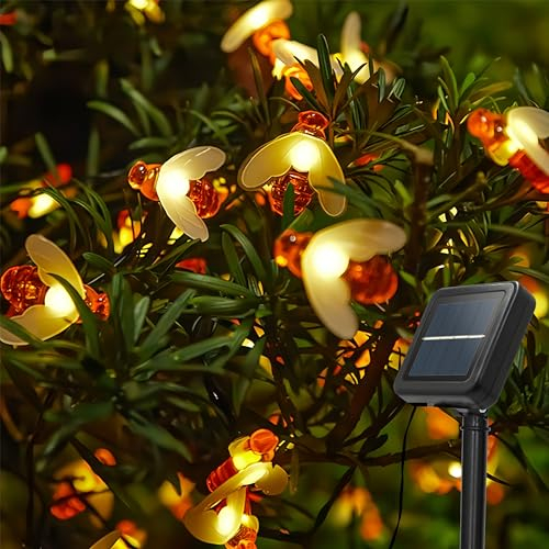Kimuwote Guirlande Lumineuse Solaire D'extérieur Abeilles, 50 LED 7M 8 Modes Étanche Intérieur et Extérieur Pour Clôture, Pelouse, Patio, Fête D'été, Noël, Vacances (Blanc Chaud)