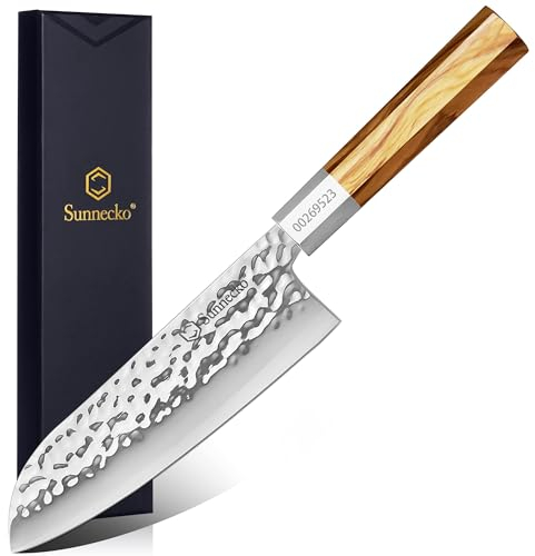 Sunnecko Japanese Santoku Knife for Kitchen - 7 Inch Professional Kitchen Knives with High Carbon Steel 440C Blade, Sharp Knife Octagon Olivewood Handle Asian Knives for Meat Cutting