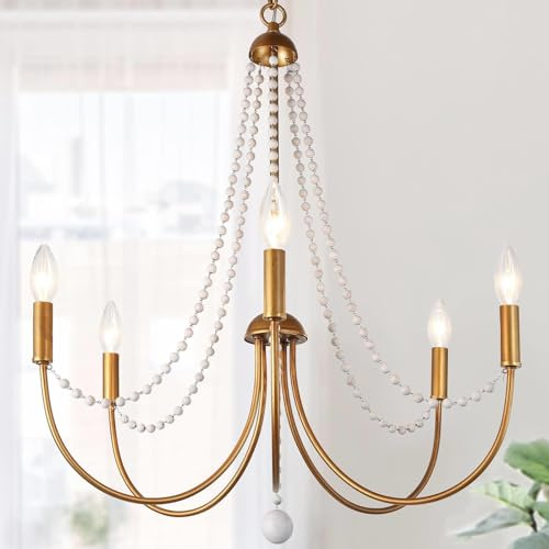 KSANA Antique Brushed Gold Chandeliers, Modern 5-Light Dining Room Chandelier Light Fixture with Wood Beads for Kitchen Island, Bedroom and Living Room