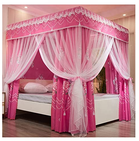 SZITW Betthimmel Europäischer Betthimmel für Doppelbett, luxuriöse bodentiefe Vorhänge mit 4 Eckpfosten, Betthimmel für Mädchen- und Prinzessinnenzimmer mit Eisenhalterung (Rosa 180 x 200 x 200 c
