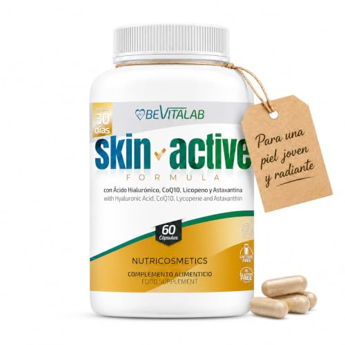 BEVITALAB SKIN ACTIVE Suplemento para Piel Joven y Radiante, Antiedad con Colágeno Marino, Ácido Hialurónico, CoQ10, Biotina, Zinc y Vitamina C – Nutricosmetico – Hidratada y Reafirmara – 60 Cápsulas