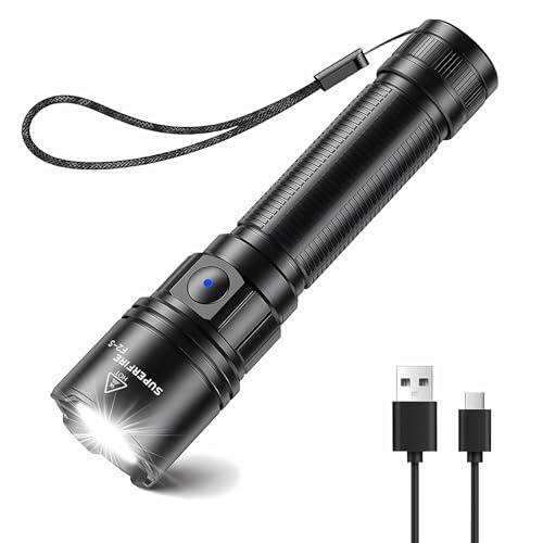 SuperFire LED Torch Rechargeable, 700 Lumens Torch, Powerful Flashlight with Zoomable, 5 Modes, Water Resistant, Pocket Size Torch for Power Cuts Emergency,Camping