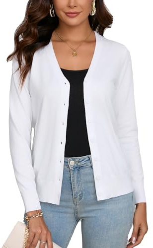 Dosieyeo Damen Strickjacke Casual Leicht V Ausschnitt Cardigan mit Knopfleiste Weiche Dehnbare Langarm Feinstrick Weste weiß,XL