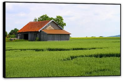 RXNHGJDS Kunstdruck auf Leinwand bild landschaft wald,Hütte, Holzhaus, Wiese, Naturlandschaft,wandbild wald leinwand grüne landschaft Wohnkultur Wandkunst Malerei90x60cm(36x24in) Schwarz gerahmt