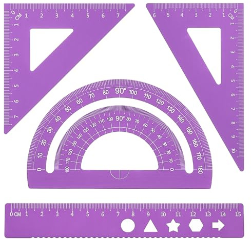 PATIKIL Set di Squadra Triangolare, Righello Metrico da 15cm in Alluminio, Squadra Triangolare 45°60° e Goniometro, 4Pz, Viola