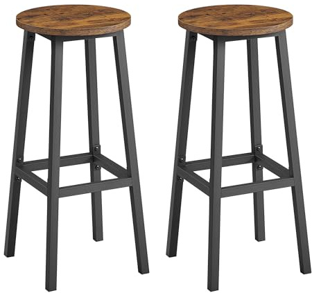 VASAGLE Tabourets de Bar, Lot de 2, Chaises, Siège Haut, Cadre Métallique, Montage Facile, Hauteur 74 cm, Repose-Pieds, pour Cuisine, Salon, Salle à Manger, Marron Rustique et Noir LBC132K01