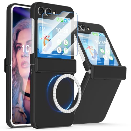 Designed for Samsung Galaxy Z Flip 6/5 Case Magnetic [Compatible with MagSafe] Hinge Protection with Screen Protector Hard PC Protective Cover for Women,Men – Dark