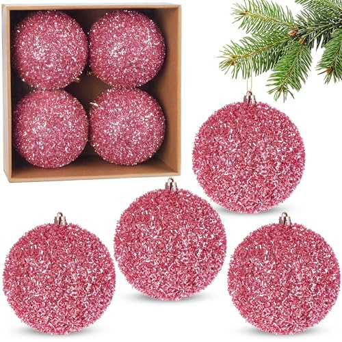 BRUBAKER Glitzer Weihnachtskugeln - 4er Set Glitter Baumkugeln - Rosa | 10 cm große Christbaumkugeln Bruchsicher aus Kunststoff - Christbaumschmuck für Weihnachtsdeko - Weihnachtsbaumkugeln