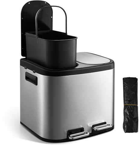 Warmiehomy Kitchen Bin Double Rubbish Bin with Inner Buckets 2 x 10L Recycling Bins Dual Compartment with Lid Soft Close Stainless Steel Pedal Waste Bin with Handle for Kitchen Living Room Bedroom
