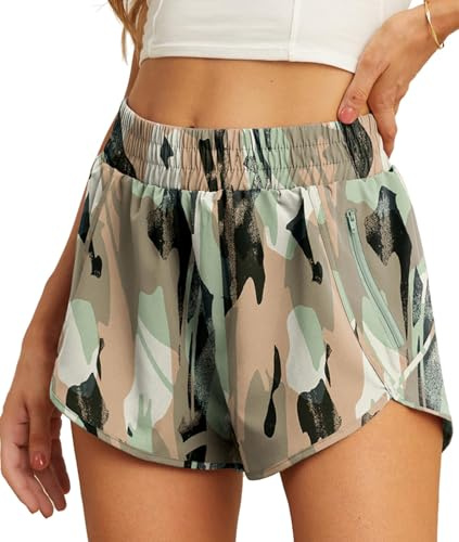 PrinStory Damen Sporthose Kurz Laufhose Mit Innenslip Sommer Hohe Taille Sport Shorts Schnelltrockende Laufshorts Jogging Gym Bade Training Tennishose (Camou Grün Rosa,XS)