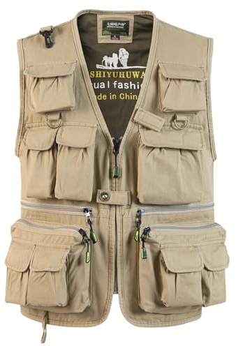 SUSHIMIAN Chaleco de Pesca con Múltiples Bolsillo para Hombre Chaleco Tip Safari Chaqueta Sin Mangas de Caza Chaleco de Fotografía, Caqui, M