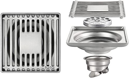 4-Zoll-Quadrat-Duschbodenablauf, Edelstahl-Duschablauf mit Abnehmbarer Abdeckung, Gitterrost, Bodenablauf mit Haarsieb für Küche, Waschraum, Garage und Keller
