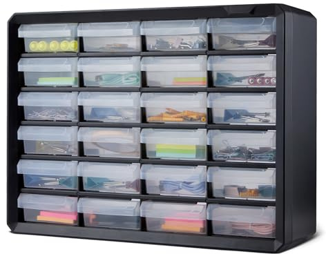 Amazon Basics Storage Cabinet, 24-Drawer Plastic Organizer with Dividers for Office/Craft/Tools, Wall Mountable, 16 x 54.1 x 40.1 cm, Black