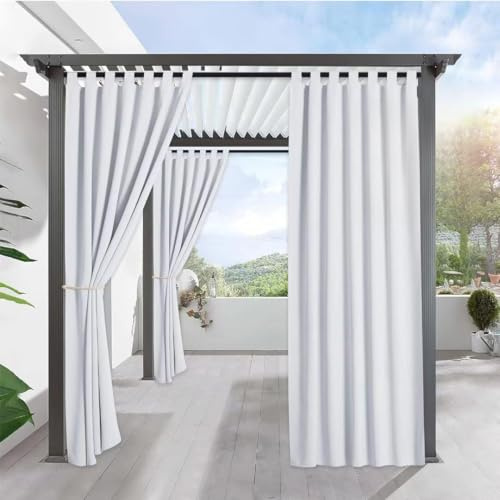 Tielag Outdoor Vorhang Wetterfest, Outdoorvorhänge Blickdicht 132×305cm, Sichtschutz Sonnenschutz, Outdoor Gardinen für Balkon Pavillon Terrasse, Weiß