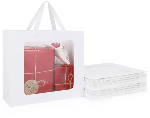 EUSOAR Papiertüten mit Henkel Weiß - 20 Stück Geschenktüten mit Sichtfenster - 210GSM Papier Tüten - L 32x11.5x28cm Geschenktüte Groß - Gift Bag Papiertüten Weiß Geburtstag Hochzeit