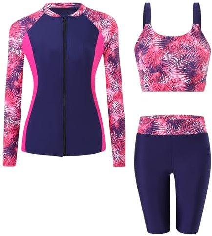 Ausing - Bañador de 3 piezas para mujer, protección solar, conjunto Rashguard de manga larga + pantalones cortos y tankini surf playa, rosa, L