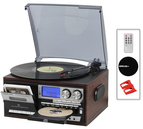 All in One Vintage 3 Speed Vinyl Record Player with Built-in Speakers,Bluetooth in/Out Turntable,CD Player/Cassette/USB/TF Card,AUX in,FM/AM Radio,RCA Out,Recording