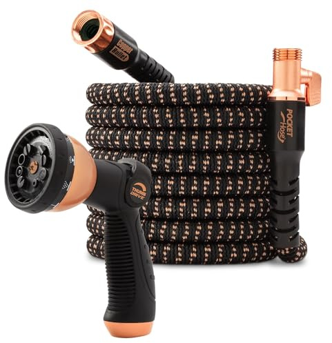 Pocket Hose 75 FT Copper Bullet Deluxe Expandable Garden Hose w/10 Pattern Thumb Spray Nozzle AS SEEN ON TV 650psi 3/4 in. Lead-Free Ultra-Lightweight Solid Copper Anodized Aluminum Fittings No-Kink