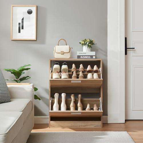[en.casa] Schuhschrank Sykkylven Schuhkipper mit 2 Klappen Schuhkommode für 12 Paar Schuhe 81 x 63 x 24 cm Sonoma-Eiche