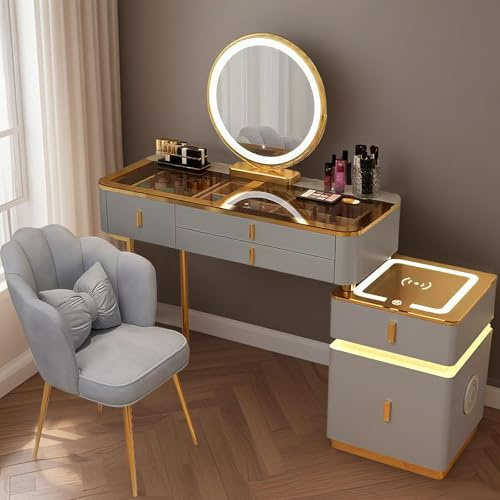 Schminktisch mit Spiegel und LED-Beleuchtung, Schminktisch mit Stuhl und Smart Circular Spiegel, Kosmetiktisch mit Glasplatte, Frisiertisch Modern für Mädchen (Grau+Gold+Normale Tischbeine, 80CM)