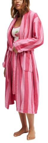 Franhais Womens Shawl Robe Plush Striped Terry Cloth Bathrobe with Pocket Long Sleeve Knee Length Lounge Robes Loungewear(Red,Small)