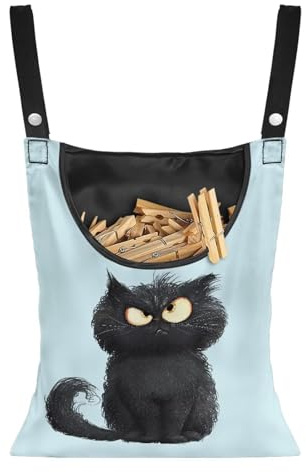 Buxolandt Black Cat Print Peg Bag Storage Bag Pegs for Washing Line Reusable Washable Hanging Peg Basket for Bathroom Kitchen