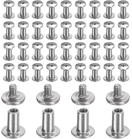 sourcing map 40 set di viti Chicago M2 x 6 mm di lunghezza 3 mm in metallo Phillips rivetti rivetti rivetti vite per rilegatura fai da te in pelle, cintura, borsa, artigianato, rilegatura, argento
