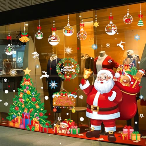 YULOONG Christmas Decorations Window Clings Large Santa Claus Xmas Tree Snowflake Double Side Decals Ornament Display Window Wall Door Decor Reusable DIY Static Stickers