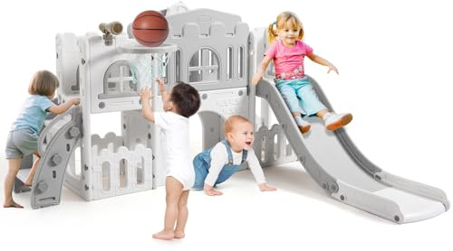 Garvee Kinder Rutsche Große Kleinkind Rutsche mit Basketballkorb, Alter 1-3 Jahre Kleinkind Kletterer Rutsches Spielset mit Stauraum Indoor Outdoor Spielzeug(Grau & Weiß)