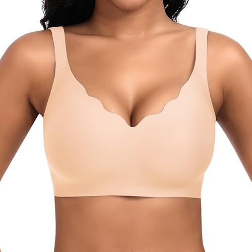 Cavotor Jelly Bras for Women Non Wired Seamless Support Wireless Comfort Bra for Large Breasts Soft Bras Ladies T Shirt Bralettes (#2 Beige,L)