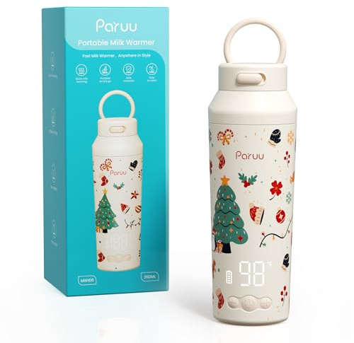 Paruu Portable Bottle Warmer for Travel, Easy-Clean Wide Mouth, Portable Milk Warmer with Fast Heating for Night Feeding, 7-Temp Control, Large 12oz Capacity, Christmas Limited Edition, Beige