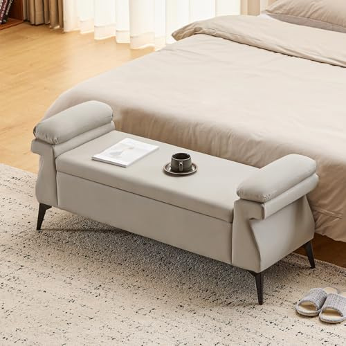 Ckaff Sitzbank mit Stauraum 128cm, Große Aufbewahrungsbank mit Kissen, Fußbank, Bettbank, Sitztruhe mit Armlehnen aus PU-Kunstleder für Wohnzimmer Schlafzimmer Flur, Schuhbank, Grau