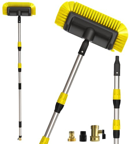 Buyplus 5-12 Foot (20 ft Reach) Car Wash Brush with 12-Inch Soft Bristle, On/Off Switch Telescopic Car Truck Boat Washing Brush with Hose Attachment for Cleaning RVs, House Siding, Floors and More!