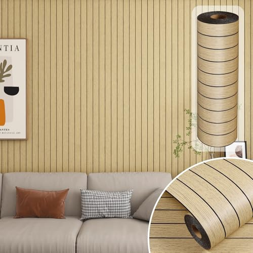 Decotalk Grueso 3D Papel Pintado Efecto Madera Listones Impermeable 90X500cm Papel Pintado Autoadhesivo Pared Salon Acústicos PVC Rollo Tapiz Paredes Habitacion Dormitorio Revestimiento Pared Baño
