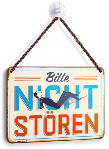 Blechschild BITTE NICHT STÖREN 18x12cm - Hängematte Vintage Metallschild - Retro Entspannung Wanddeko mit Kordel & Saugnapf - Lustiges Ruheraum Türschild - Relaxen Geschenk