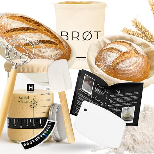 HAVENHAUS Brotbackset XXL | Sauerteig Starter Set mit umfassendem Brot backen Zubehör | inklusive 2x Rattan Gärkorb Brot rund & oval, Sauerteig Zubehör und Dänischer Schneebesen | Brotbackzubehör