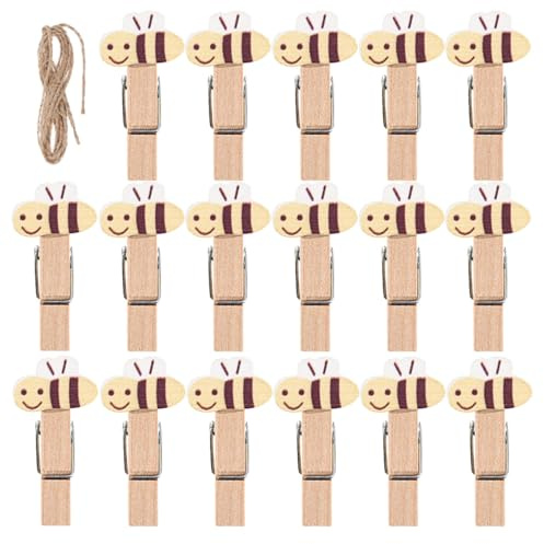CONGARTENO 50 Mollette in Legno a Forma di Ape con Spago di Iuta, Clip Artigianali Multiuso per Foto, Snack e Decorazioni, Mini Mollette per Lavoretti e Bomboniere, per Casa e Feste