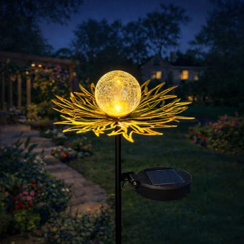 QOCNAM Solar Garden Lights Outdoor Decor, Metal Flower Stake Light with Warm White Crackle Glass Globe, Waterproof Decorative Solar Yard Art for Patio Lawn Backyard Pathway, Gardening Gift（Gold）
