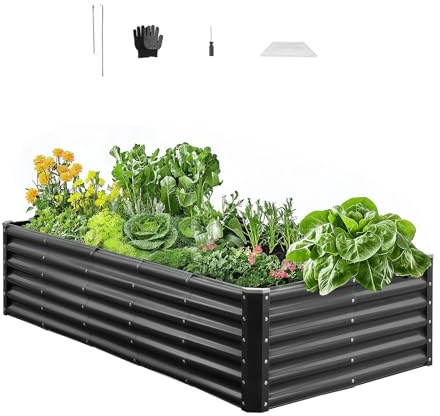 VEVOR Cama Elevada de Jardín, Arriate de Jardín de Metal con Fondo Abierto, para Cultivo de Flores Plantas Verduras con Accesorios para Patio, Balcón, Terraza (Gris Oscuro, 1800 x 900 x 430 mm)