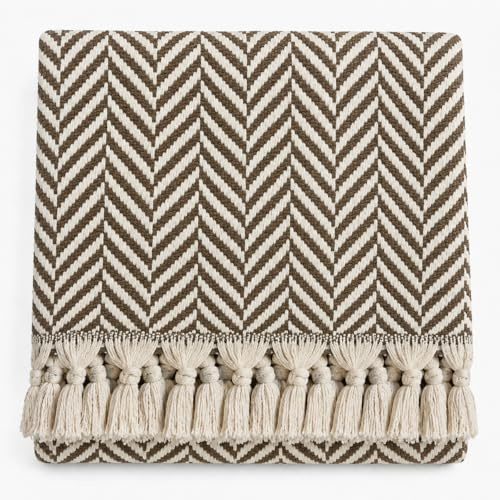 Alupedia Boho Kuscheldecke mit Quasten – Moderne Wohndecke im Fischgrät Design – Sofaüberwurf & Plaid für Couch, Bett und Wohnzimmer (Braun, 160x230)