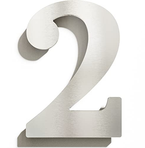 Edelstahl Hausnummer 2 - massiv, wetterfest & rostfrei - 14 cm groß - mit Befestigungsmaterial - Design Hausnummern-Schild gebürstet N-02-2-E